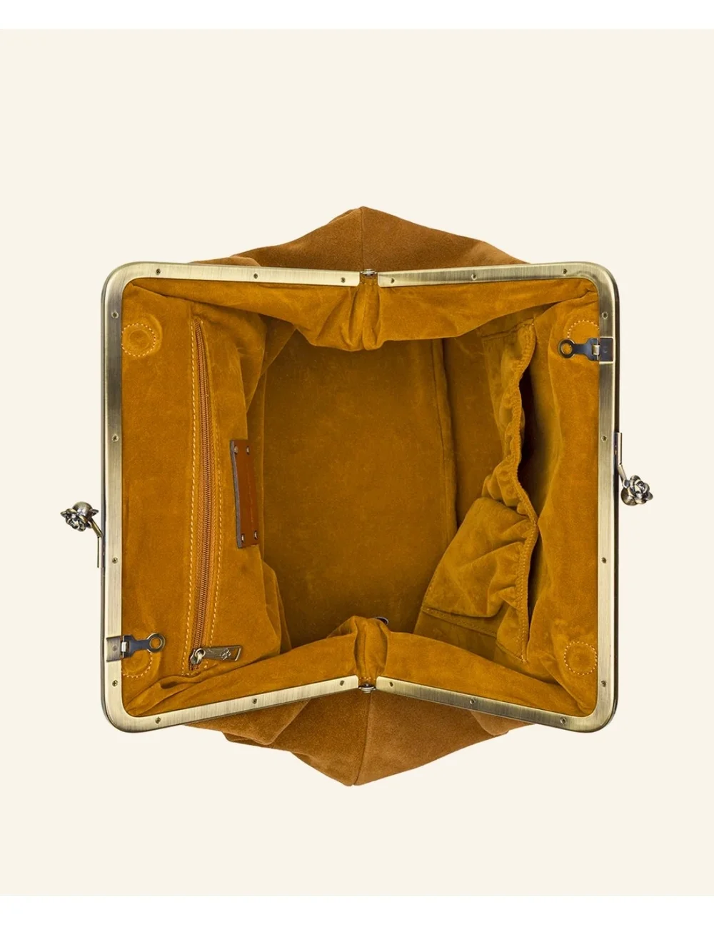 Cognac Suede Frame-Top Shoulder Bag in Cognac With Detachable Crossbody Strap
